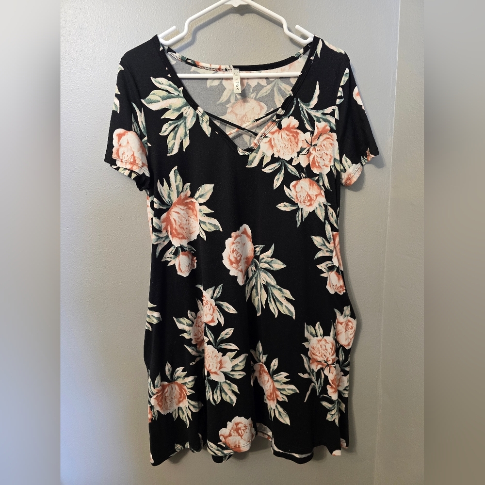 Black Dress with Pink and Green Floral Accents